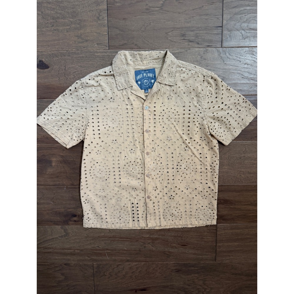 Free Planet Mens Eyelet Cotton Button Down Shirt Tan Beige Short Sleeve Small